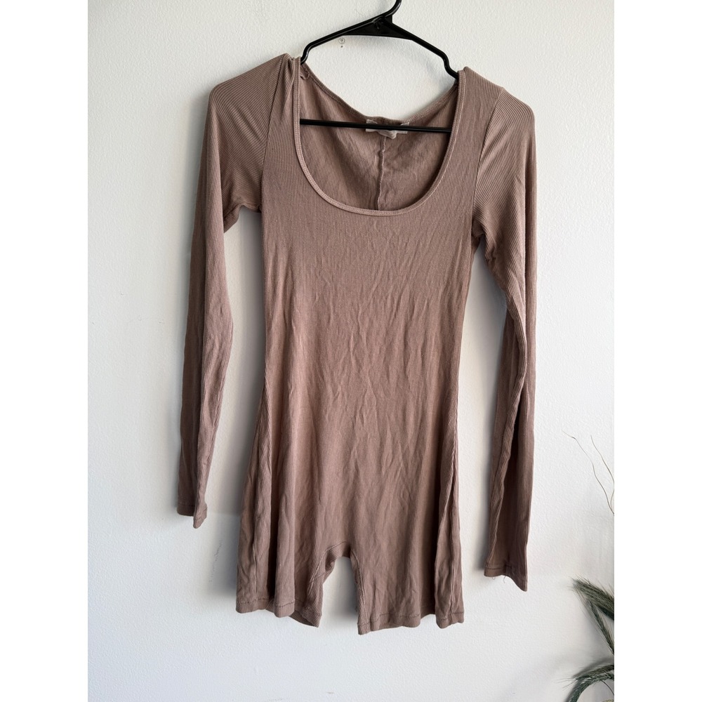 Abercrombie & Fitch Long Sleeve Ribbed Romper Taupe Brown The Lounge Collection